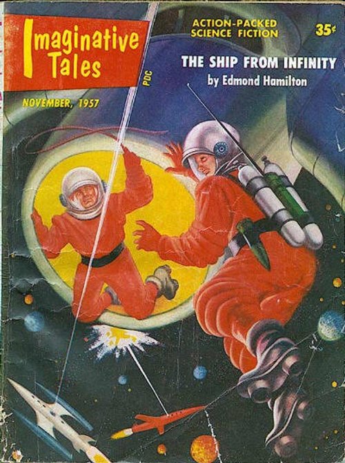 Astronauts Battle in Zero-G, Imaginative Tales Nov 1957 Cover