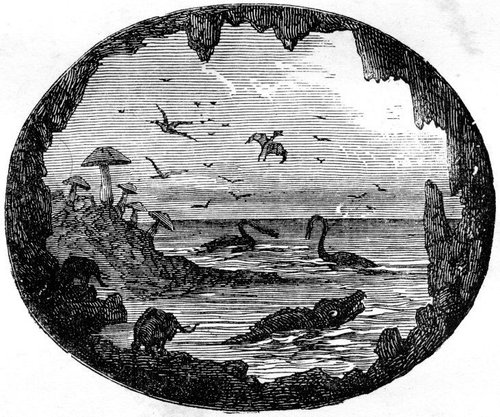 Prehistoric Lost World Cavern Vista — Plesiosaurs & Pterodactyls, Victorian Engraving