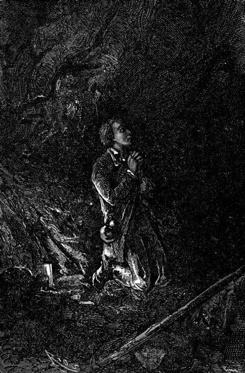 Man Kneeling in Dark Cave — Jules Verne Underground Adventure Engraving