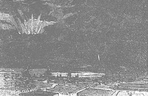 Alien Heat-Ray Assault on a City — H.G. Wells War of the Worlds Engraving c.1906