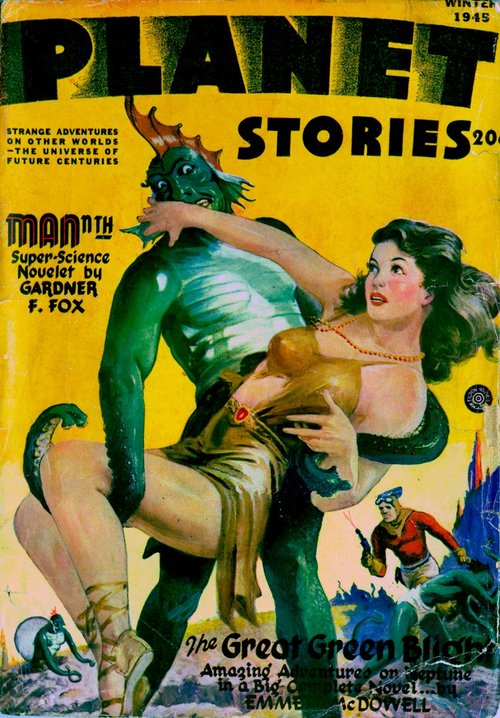 Planet Stories Winter 1945 – Green Neptune Monster Abducts Woman Cover