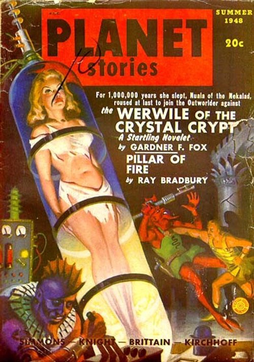 Planet Stories Summer 1948 — Sleeping Woman in Crystal Crypt Awakens to Alien Battle