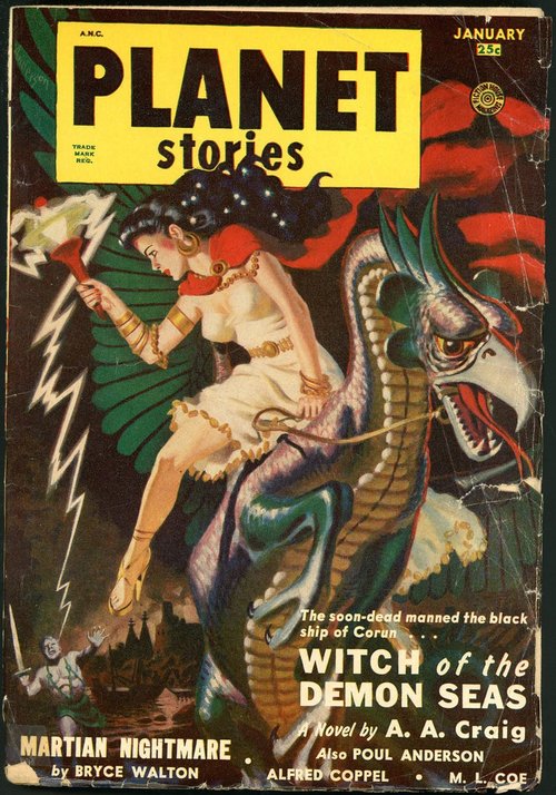 Planet Stories Jan 1952 – Witch of the Demon Seas Cover, Dragon Sorceress