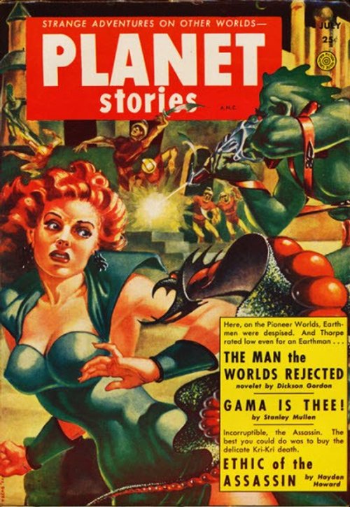 Planet Stories July 1952 — Redhead Captive vs Green Alien Monster Cover