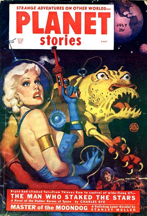 Planet Stories July 1952 — Blonde Spacewoman Battles Yellow Alien Monster
