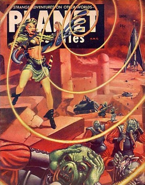Planet Stories Jan Cover: Space Heroine vs. Alien Horde on Mars