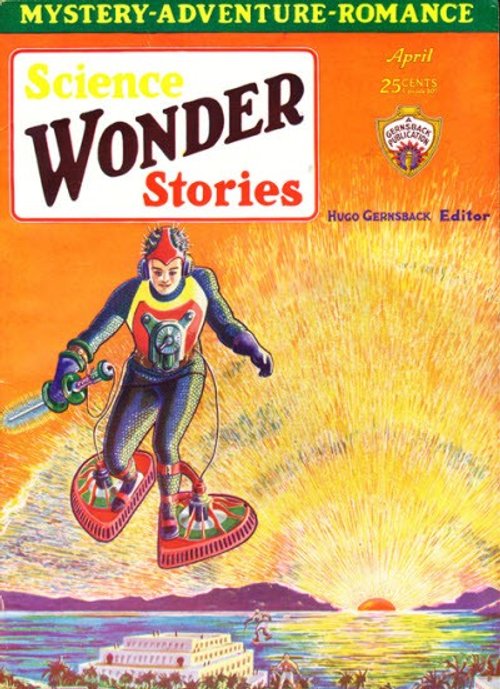 Rocket-Suited Figure Soars at Sunrise, Science Wonder Stories April 1930