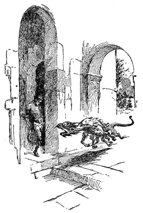 Man Flees Reptilian Beast in Ruined Arches — Victorian Sci-Fi Pen-and-Ink