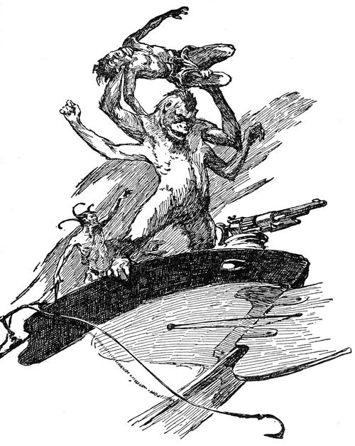 Ape-Man Hurls Human Victim from Canoe — Lost World Struggle, c.1900s