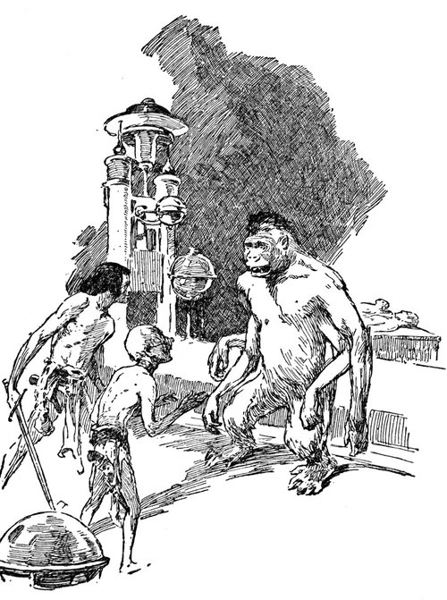Primitive Humans Confront Giant Ape-Man Amid Strange Machinery, c.1900