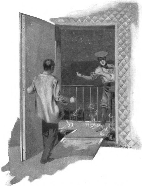 Wm. A. MacKay: Masked Figure Confronts Man Through Futuristic Doorway