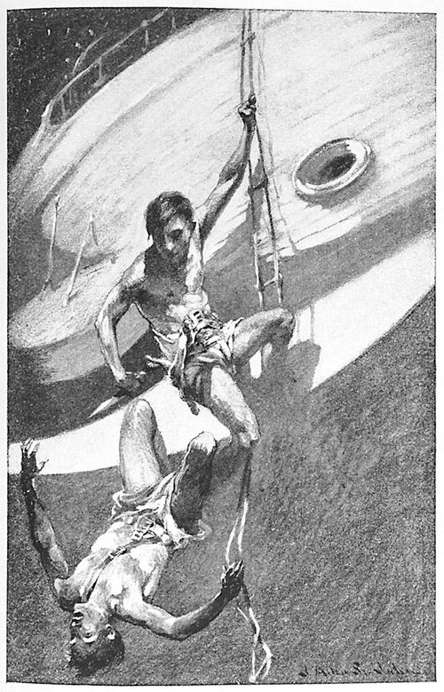 Hero Rescues Captive from Airship Hull — Edwardian Adventure Illustration