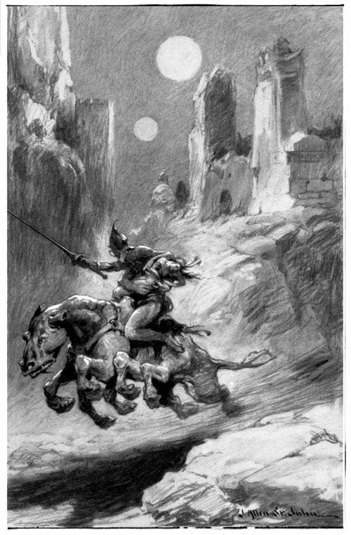 J. Allen St. John: Barsoom Rider Flees Ruins Under Twin Moons of Mars