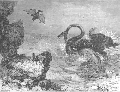 Édouard Riou's Prehistoric Sea Monster Battle, Journey to the Center of the Earth 1864