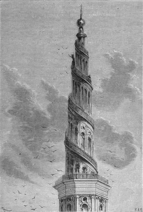 Jules Verne's Colossal Spiral Tower — Victorian Utopian Architecture Engraving