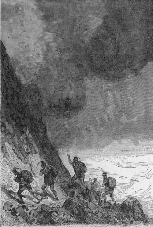 Explorers Flee Volcanic Chaos — Jules Verne Victorian Engraving 1860s-70s