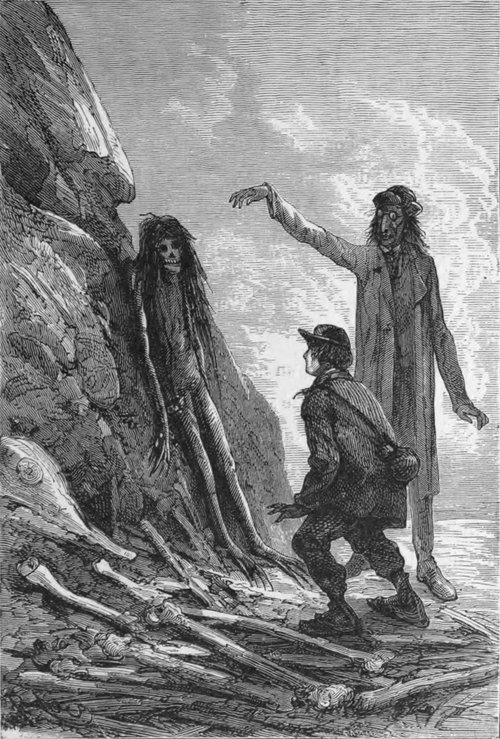 Skeletal Wraith and Sorcerer Confront Traveler — Victorian Gothic Engraving