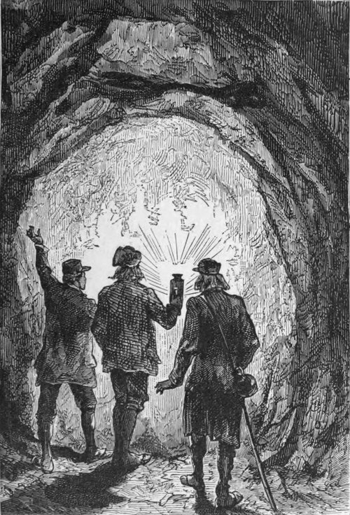 Explorers in Subterranean Cavern with Lantern — Verne Journey to Center of Earth