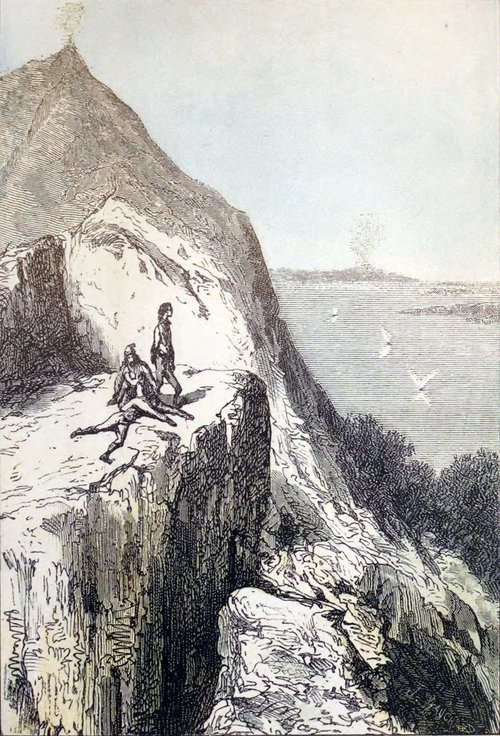 Jules Verne 'Mysterious Island' — Colonists Survey Volcanic Sea from Clifftop