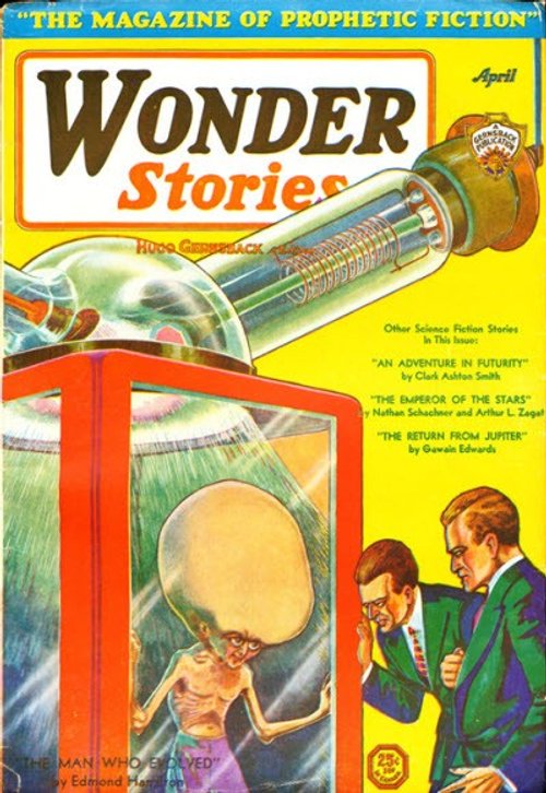 Wonder Stories 'The Man Who Evolved' Cover, April 1931 — Devolved Giant Brain