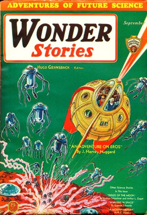 Wonder Stories Sept 1932: Spherical Ship Battles Spider-Robots on Eros