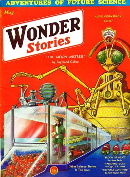 Giant Insectoid Alien Captures Human in Glass Vessel – Wonder Stories May 1932