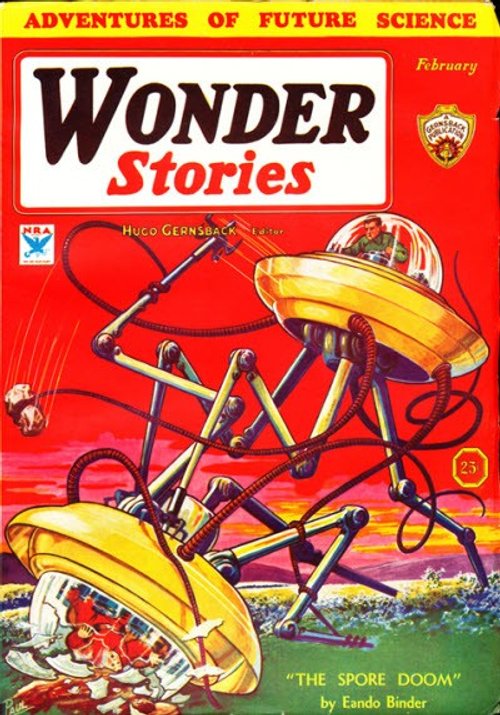 Wonder Stories Feb 1934 — Spider-Legged War Machines Battle in Crimson Sky