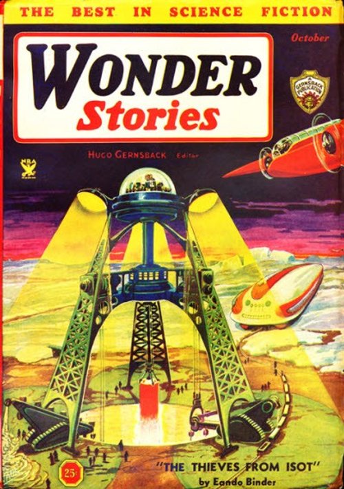 Wonder Stories Oct 1932 — Futuristic Tower & Rocket Ships Over Alien Landscape