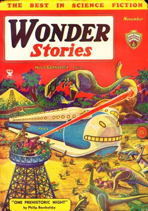 Wonder Stories Nov 1932 — Dinosaurs vs. Futuristic Airliner, 'One Prehistoric Night'