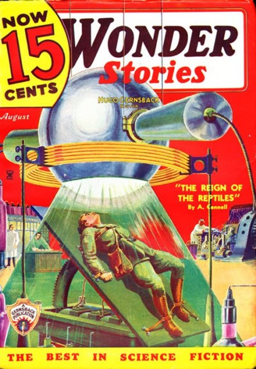 Wonder Stories Aug 1935: Human Subject Under Reptilian Ray Machine
