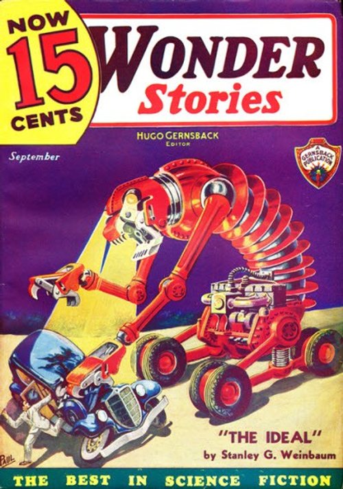 Wonder Stories Sept 1934: Giant Robot Arm Crushes Vintage Auto, 'The Ideal'