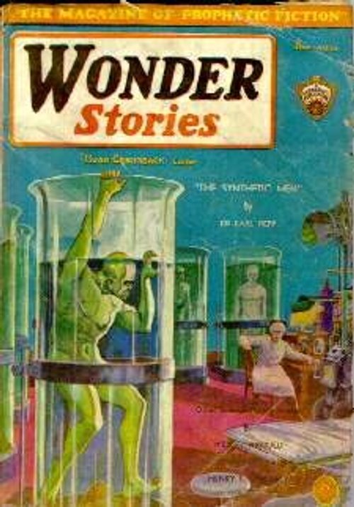 Wonder Stories 'The Synthetic Men' Cover – Green Android Lab Scene 1930s