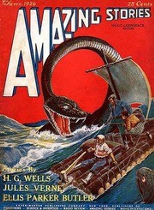 Amazing Stories Jan 1926 — Sea Serpent Attacks Rowboat, Inaugural Issue Cover