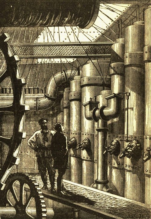 Jules Verne's Nautilus Engine Room – Victorian Wood Engraving 1870s