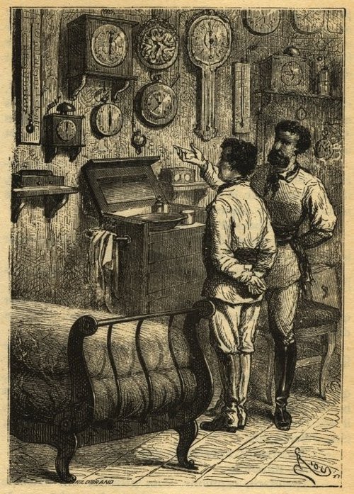 Jules Verne's Clock-Covered Laboratory — Victorian Wood Engraving, 1870s