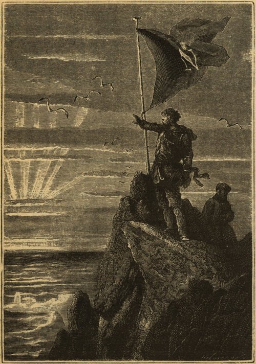 Jules Verne's Mysterious Island: Cyrus Harding Plants Flag on Granite House Rock