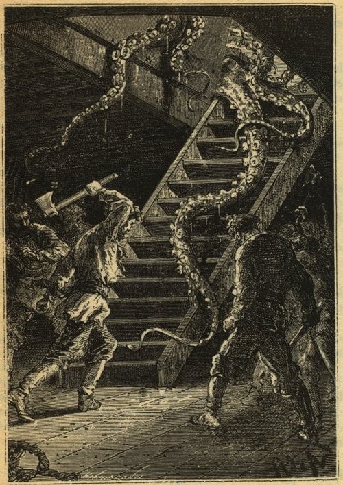 Giant Octopus Attack on the Nautilus — Jules Verne '20,000 Leagues' Engraving