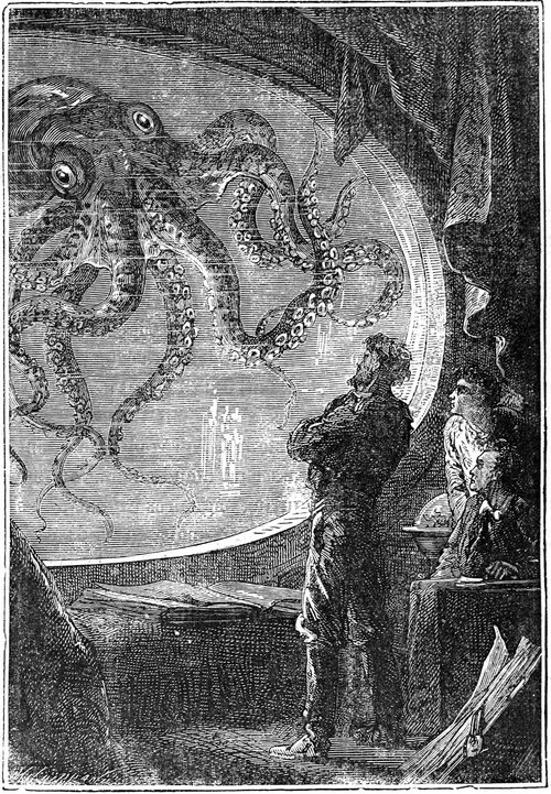 Giant Squid Attacks Nautilus Porthole — Verne's 20,000 Leagues Engraving