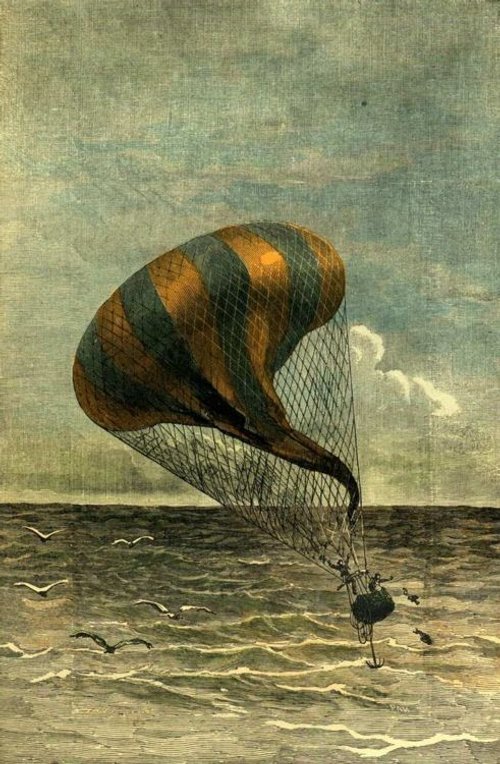 Stricken Balloon Over Open Sea — Victorian Aeronautic Adventure Illustration