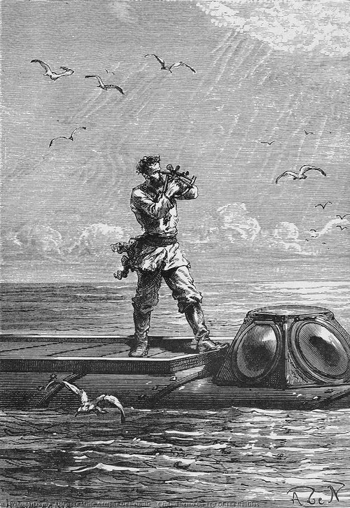Captain Nemo Atop the Nautilus — Jules Verne Victorian Engraving