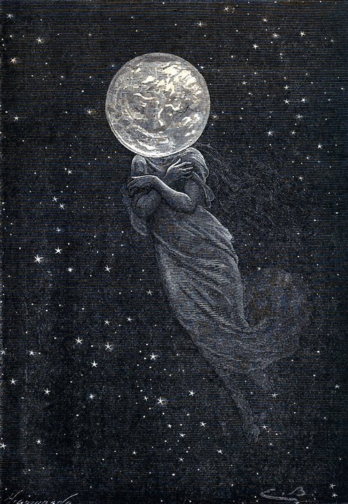 Lunar Goddess Holds the Moon — Émile Bayard Engraving, Jules Verne c.1870s