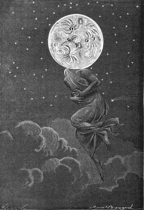 Moon Goddess with Lunar Face, Jules Verne Era Engraving c.1865