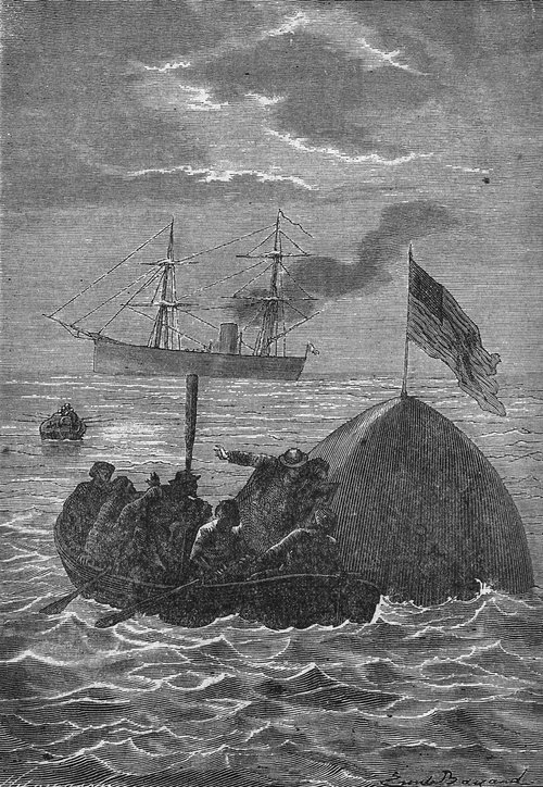 Jules Verne's Around the Moon — Survivors Cling to Capsule at Sea, 1870s