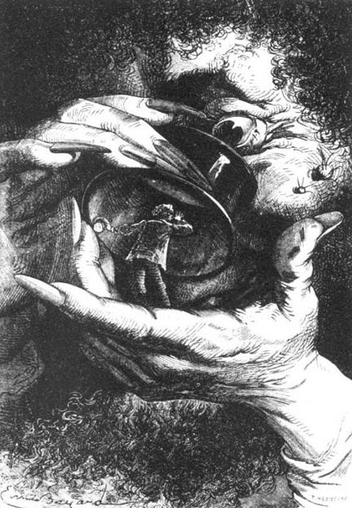 Giant Hands Crush a Traveler — Verne's 'Around the Moon,' Bayard & Neuville, 1870s