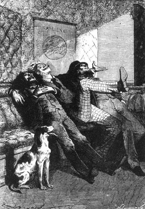 Around the Moon – Travelers Rest Before Lunar Journey, Verne 1870