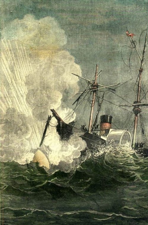Verne's Around the Moon: Projectile Capsule Splashdown, 1870s Chromolithograph