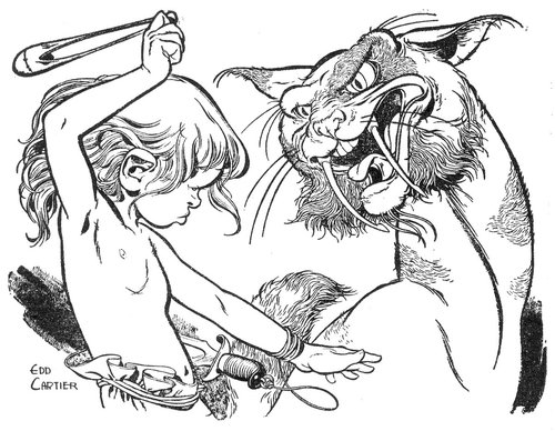 Edd Cartier Pen-and-Ink: Human vs. Alien Feline Creature, Pulp Era