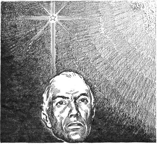 Brooding Astronaut Gazes at Stellar Cross — Pulp Era Sci-Fi Interior Illustration