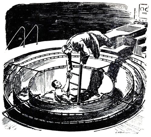 Scientist Rescues Figure from Circular Electromagnetic Tank, Atomic Age Lab