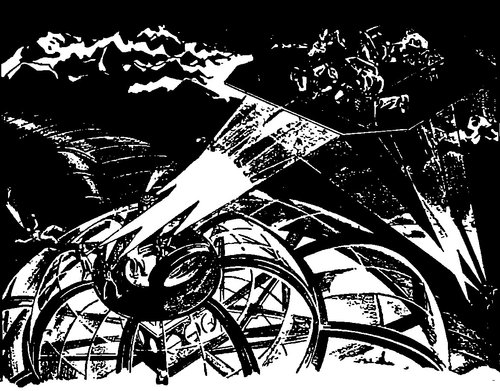 Martian War Machine Crashes — War of the Worlds Pen-and-Ink Illustration